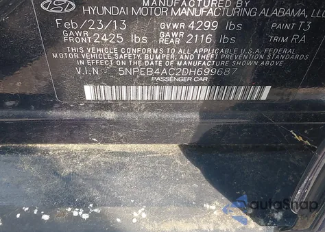 2013 Hyundai Sonata Gls from USA, damaged, VIN 5NPEB4AC2DH699687